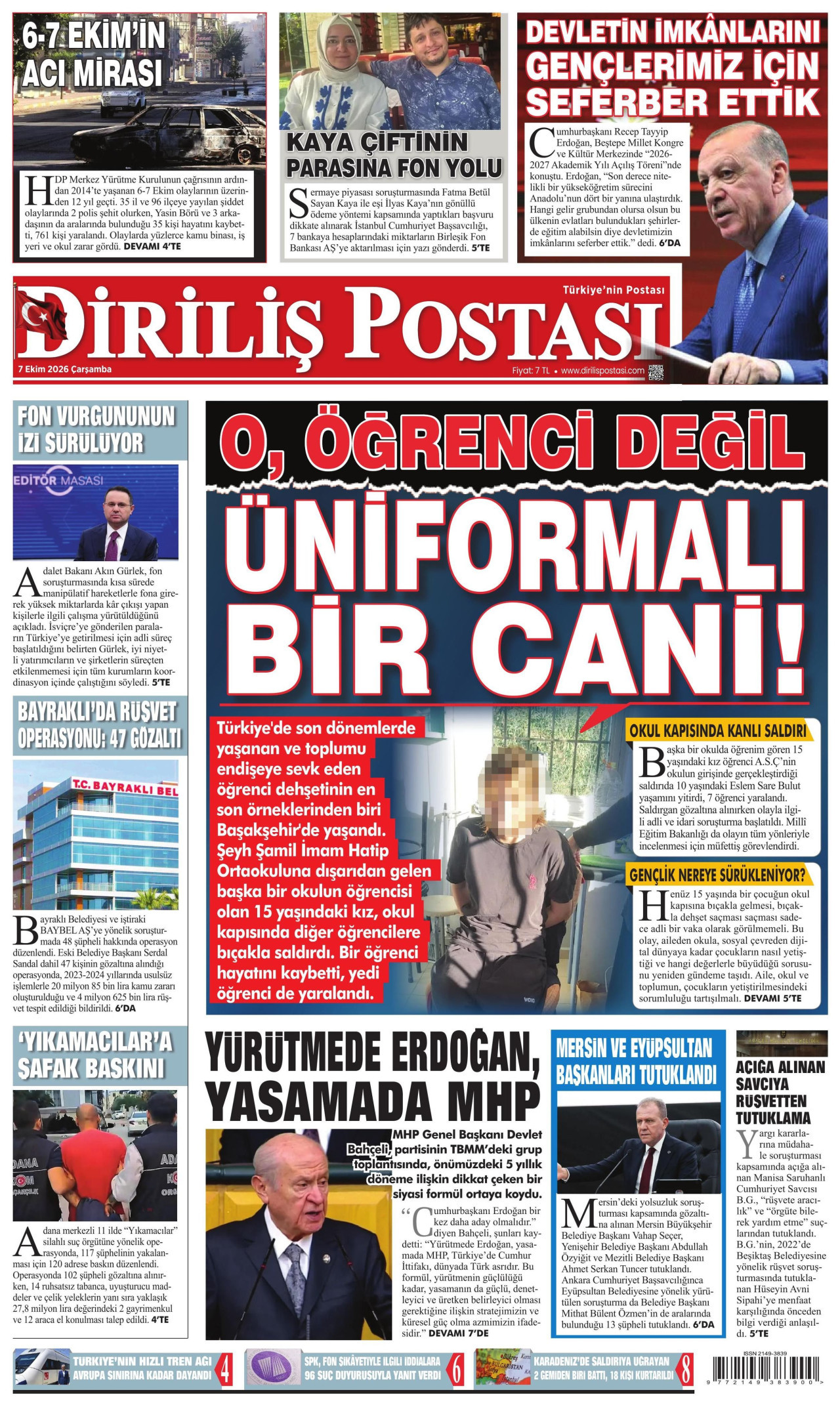 DİRİLİŞ POSTASI gazetesinin 7 Ekim 2026 tarihli birinci sayfası