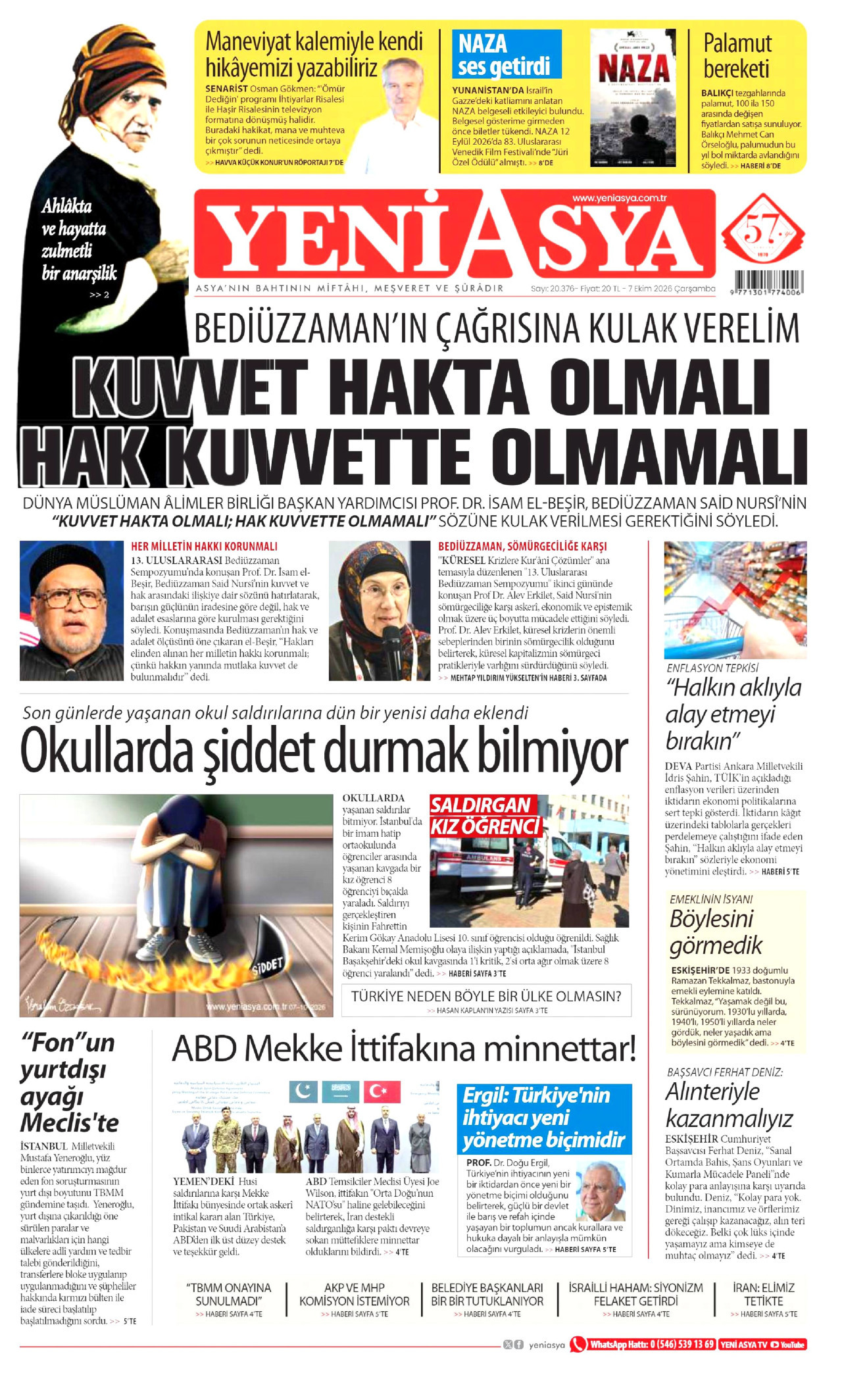 YENİ ASYA gazetesinin 7 Ekim 2026 tarihli birinci sayfası