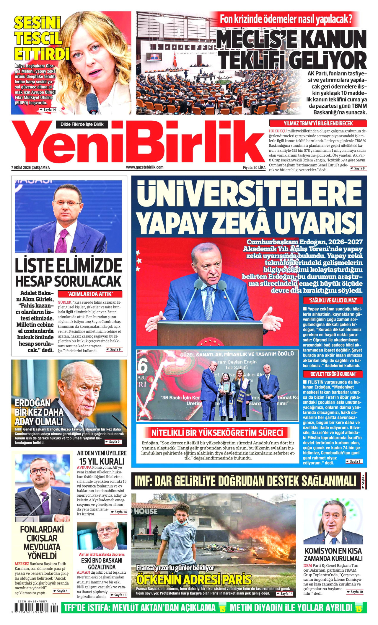 YENİBİRLİK gazetesinin 7 Ekim 2026 tarihli birinci sayfası