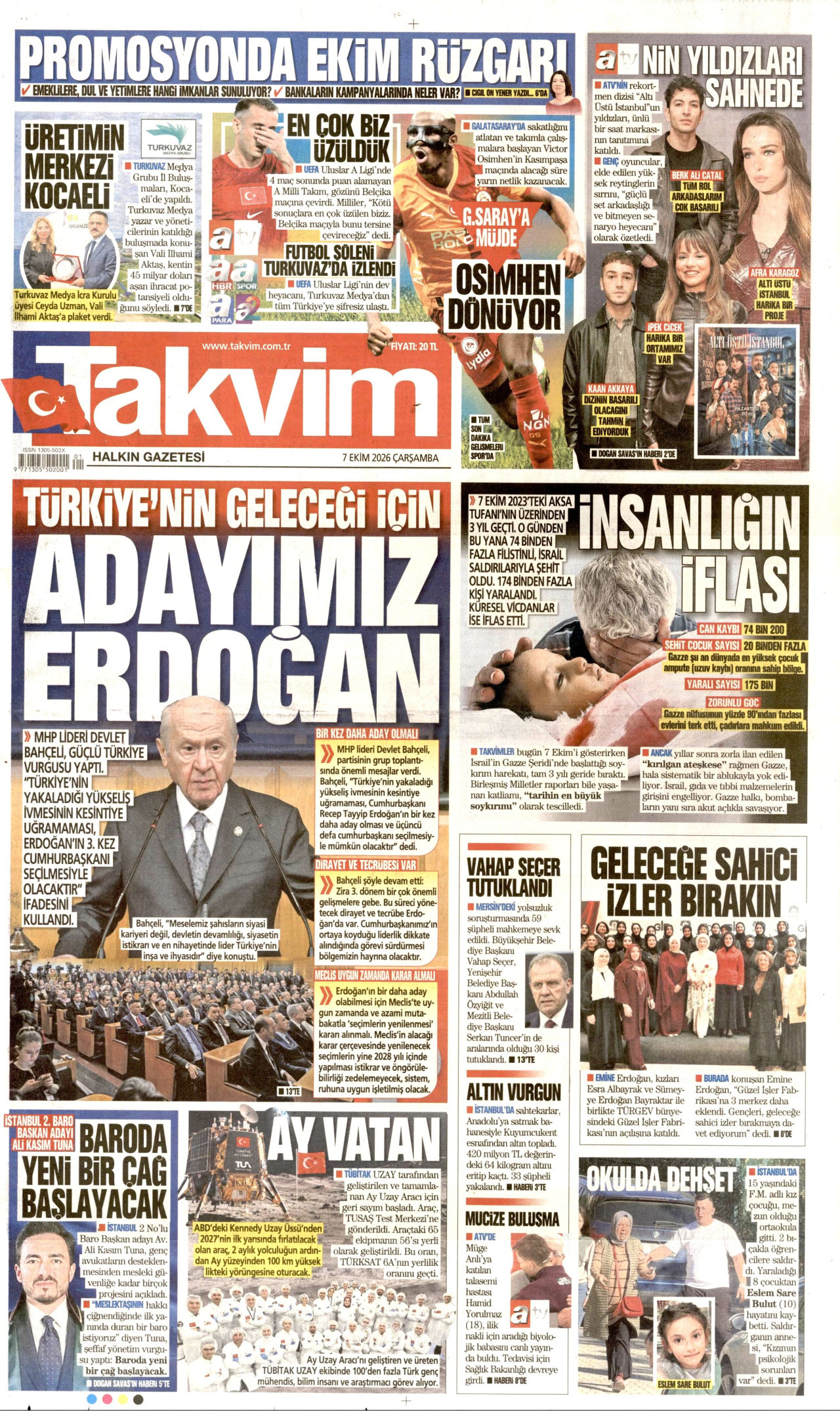 TAKVİM gazetesinin 7 Ekim 2026 tarihli birinci sayfası