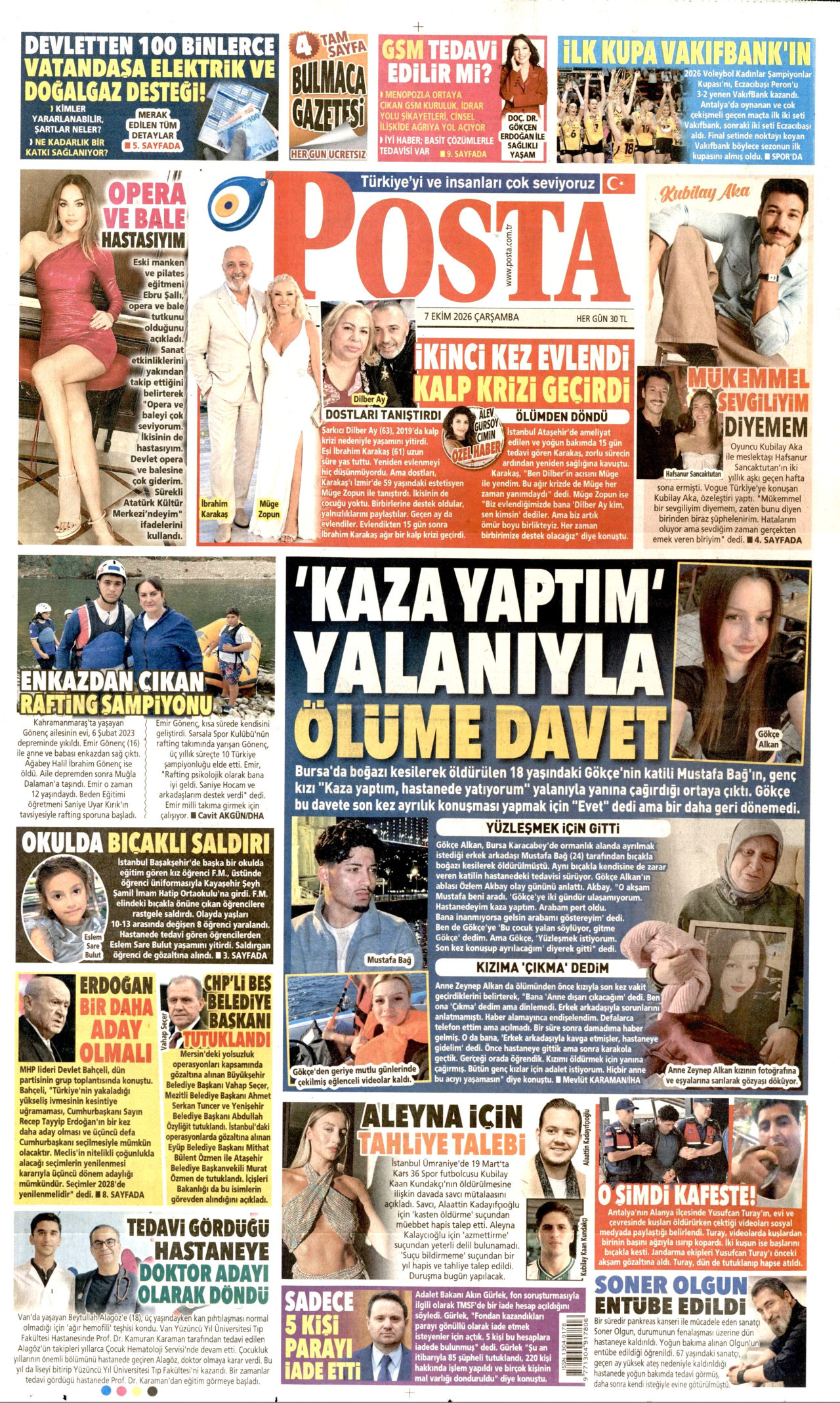 POSTA gazetesinin 7 Ekim 2026 tarihli birinci sayfası
