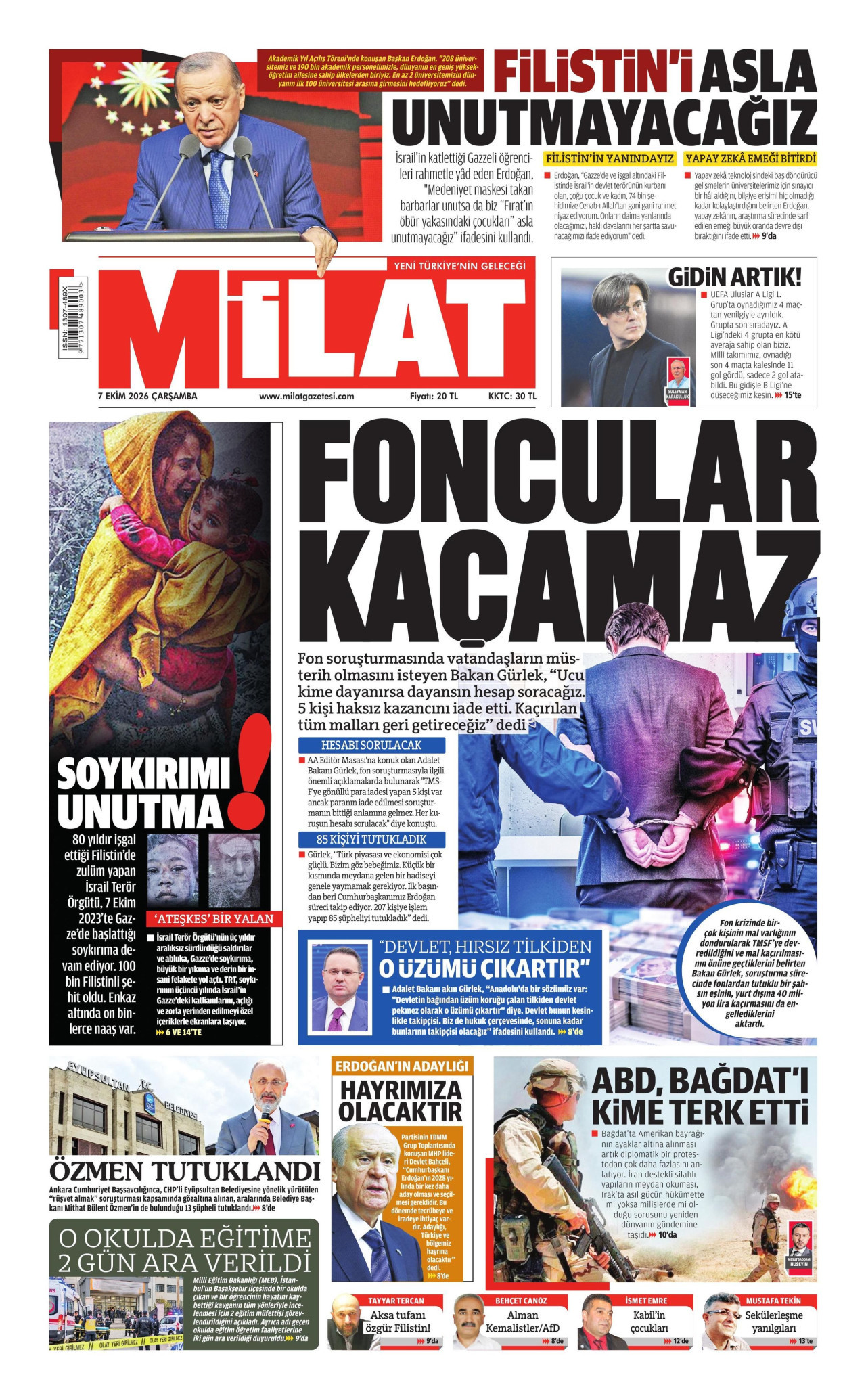 MİLAT gazetesinin 7 Ekim 2026 tarihli birinci sayfası