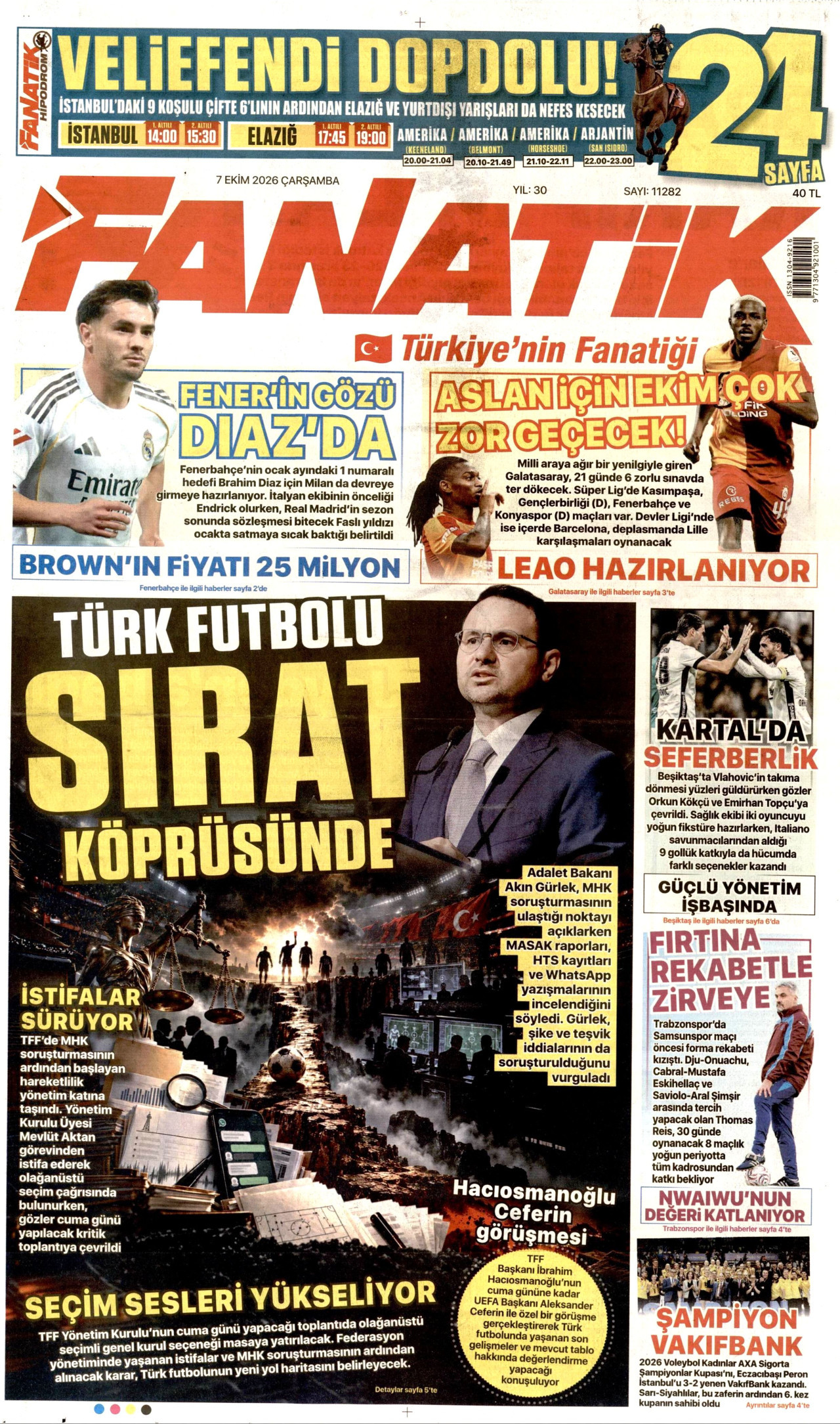 FANATİK gazetesinin 7 Ekim 2026 tarihli birinci sayfası