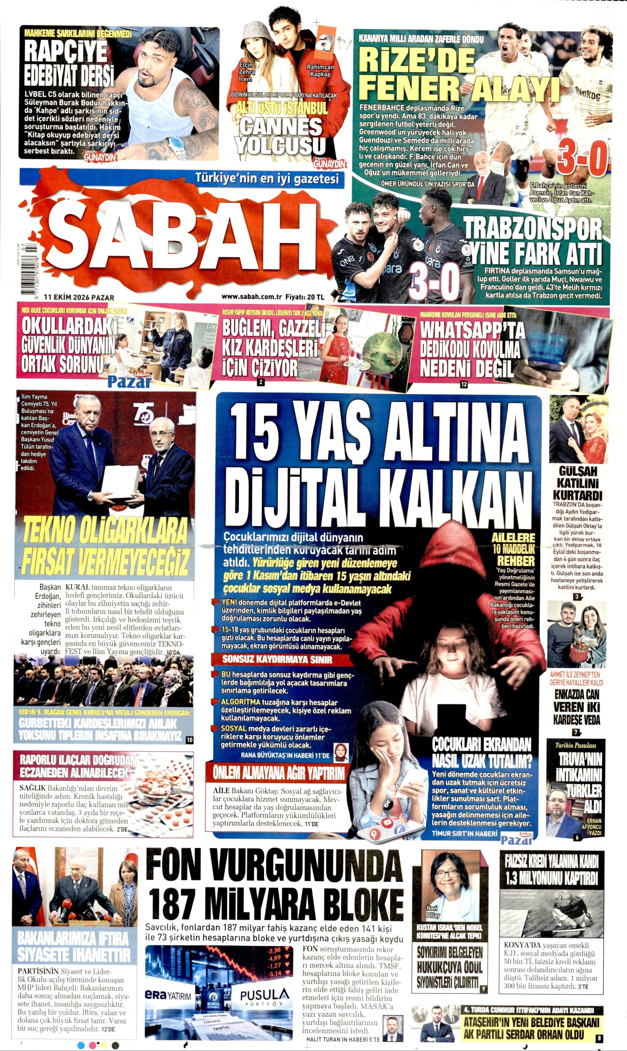 SABAH gazetesinin 11 Ekim 2026 tarihli birinci sayfası